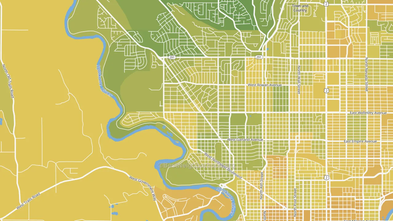 Map of the best neighborhoods in the Northwest Spokane, Spokane area, with better matches in green and worse matches in red