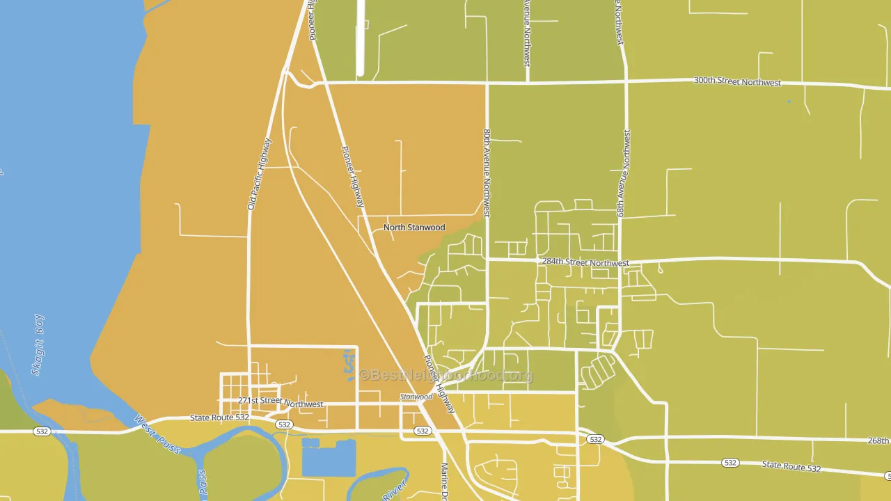 Map of the best neighborhoods in the Northwest Stanwood area, with better matches in green and worse matches in red