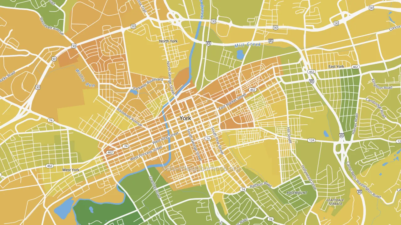 Map of the best neighborhoods in the Northwest Triangle, York area, with better matches in green and worse matches in red