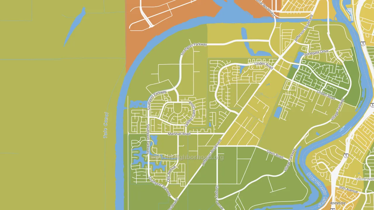 Map of the best neighborhoods in the Northwest Village, West Sacramento area, with better matches in green and worse matches in red