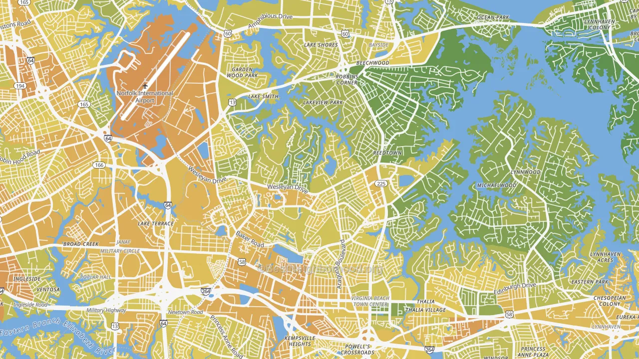 Map of the best neighborhoods in the Northwest, Virginia Beach area, with better matches in green and worse matches in red