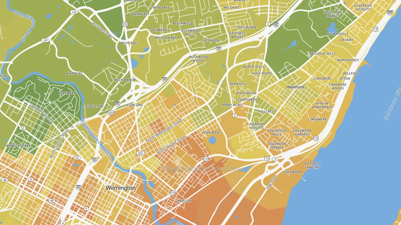 Map of the best neighborhoods in the Northwest Wilmington, Wilmington area, with better matches in green and worse matches in red