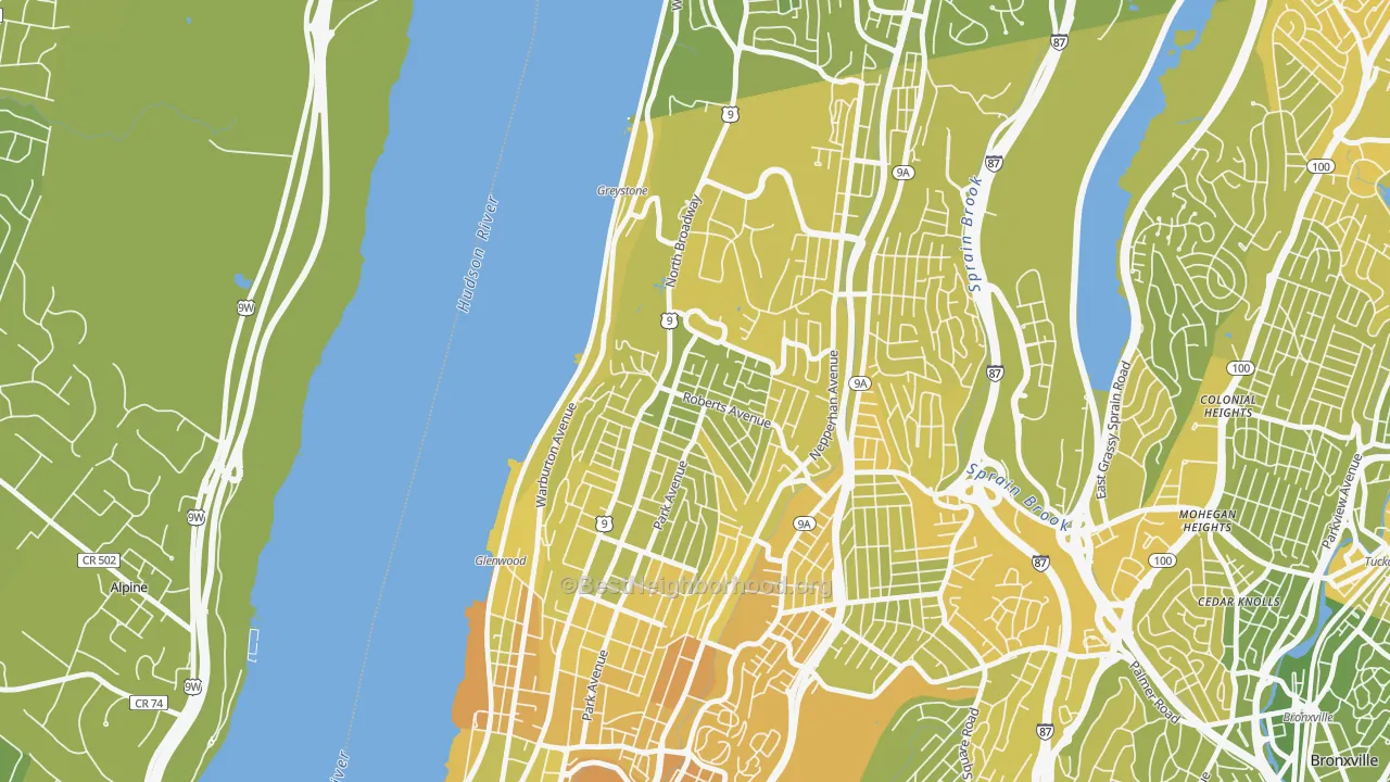 Map of the best neighborhoods in the Northwest Yonkers, Yonkers area, with better matches in green and worse matches in red