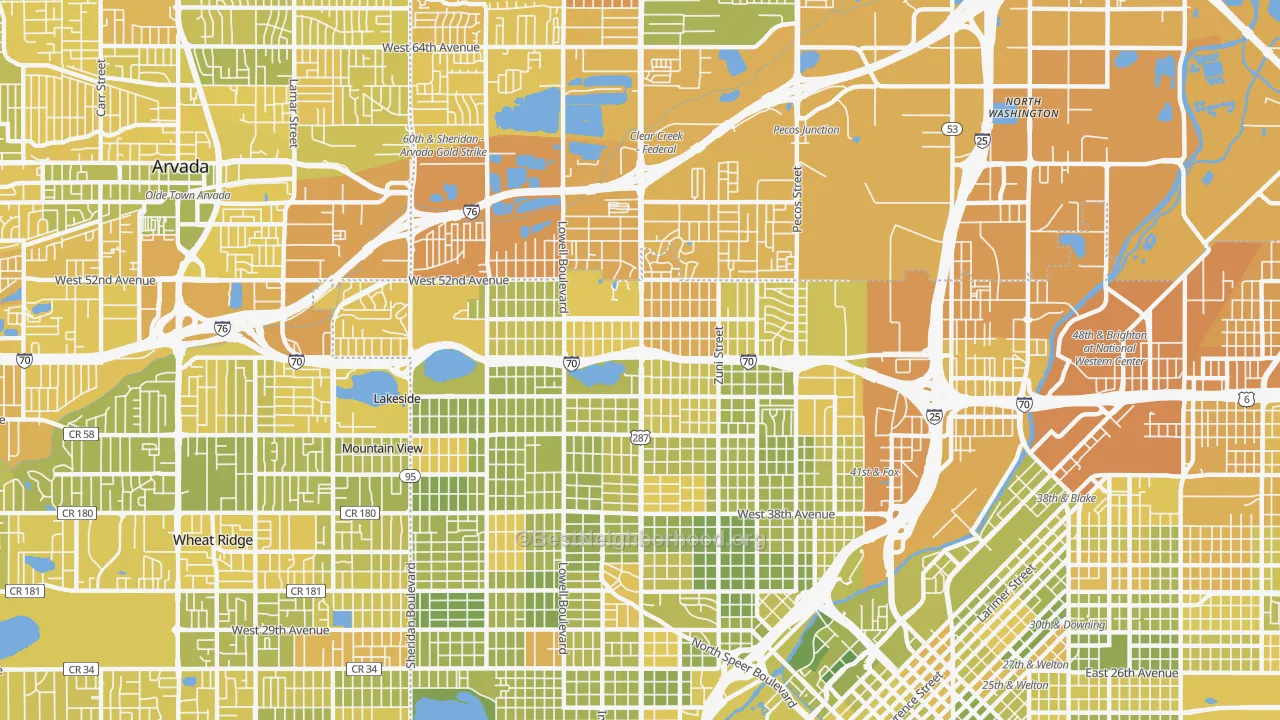 Map of the best neighborhoods in the Northwestern Denver, Denver area, with better matches in green and worse matches in red
