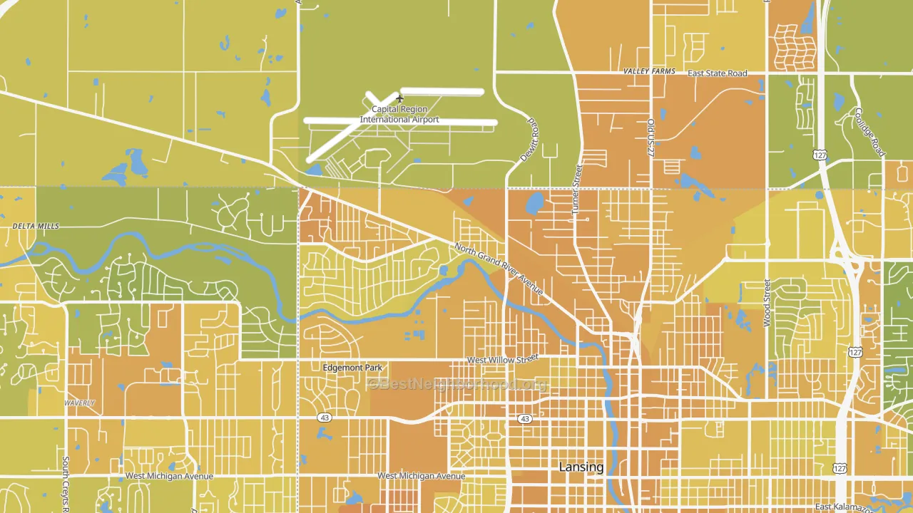 Map of the best neighborhoods in the Northwestside, Lansing area, with better matches in green and worse matches in red