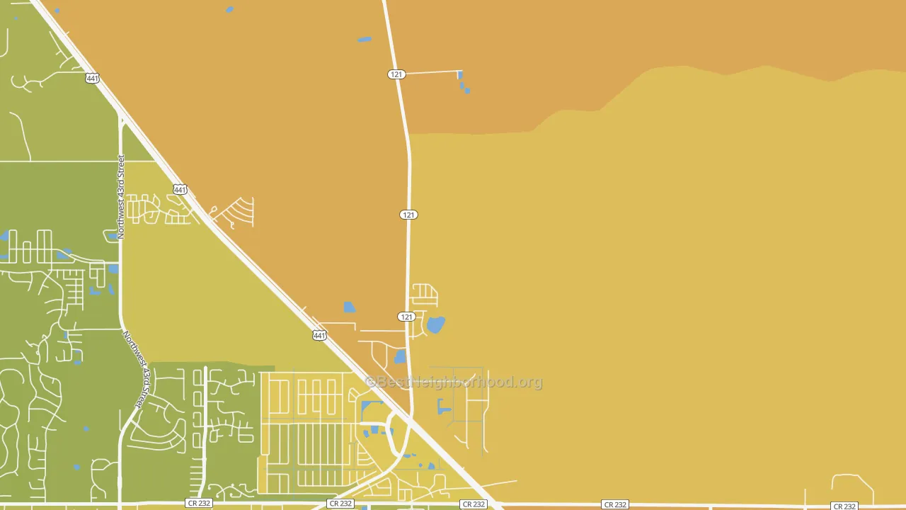 Map of the best neighborhoods in the Northwood area, with better matches in green and worse matches in red