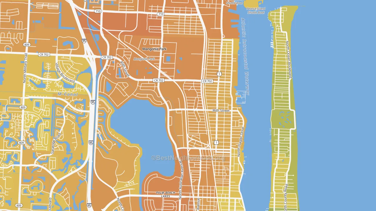 Map of the best neighborhoods in the Northwood Hills, West Palm Beach area, with better matches in green and worse matches in red
