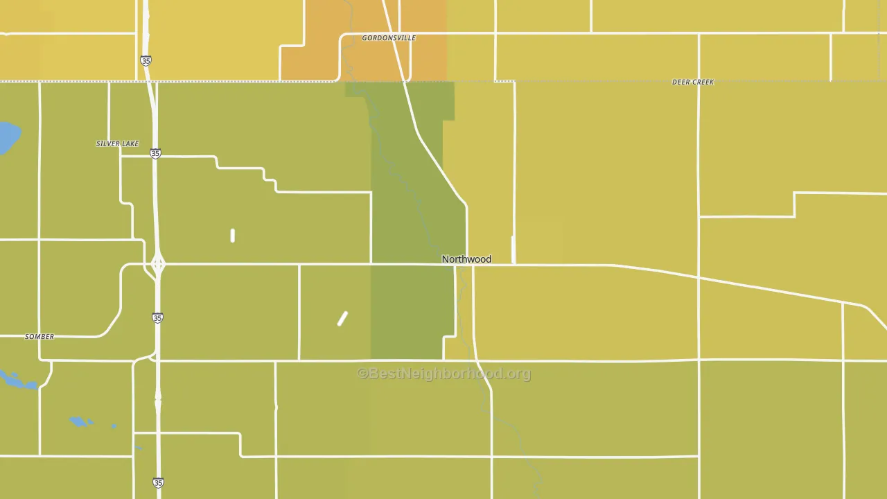 Map of the best neighborhoods in the Northwood area, with better matches in green and worse matches in red