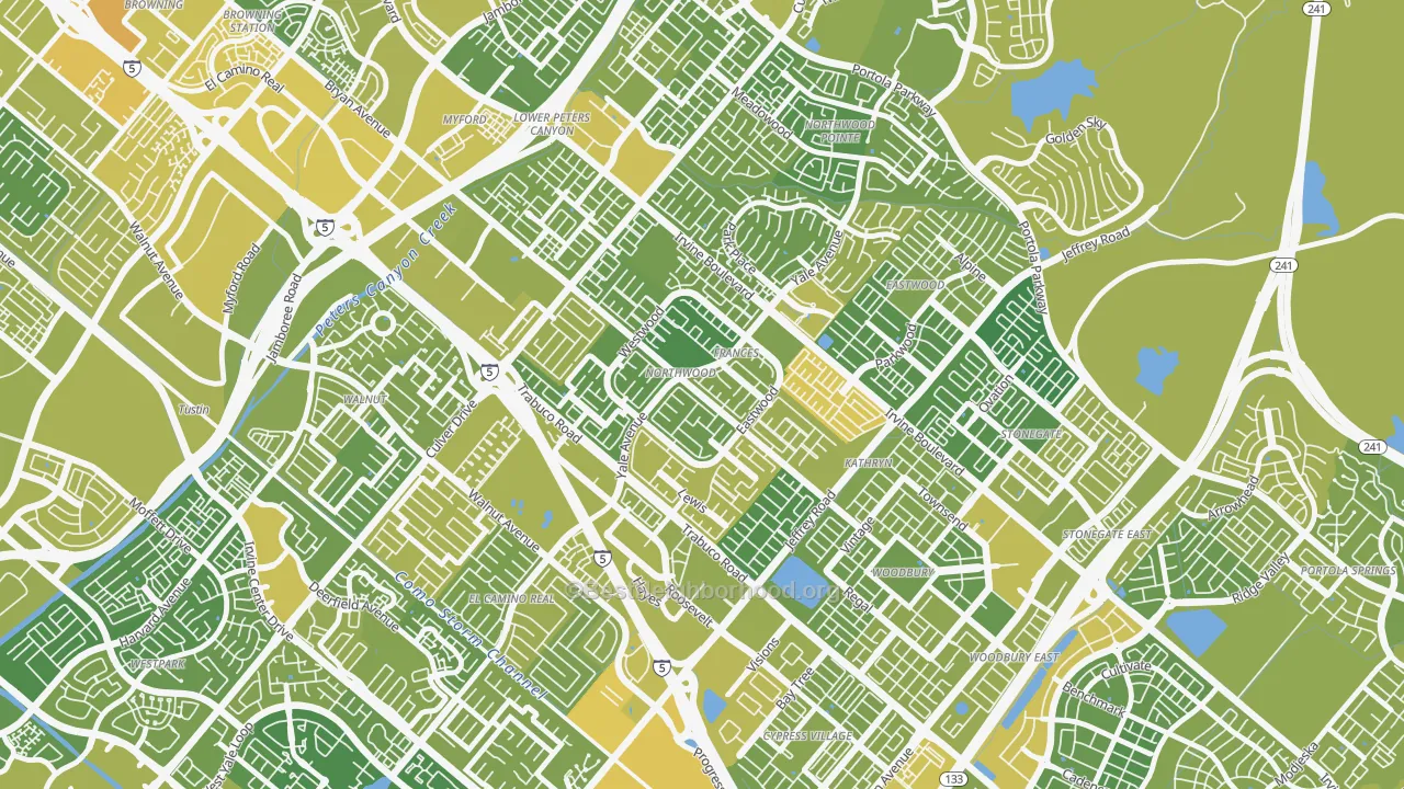 Map of the best neighborhoods in the Northwood, Irvine area, with better matches in green and worse matches in red