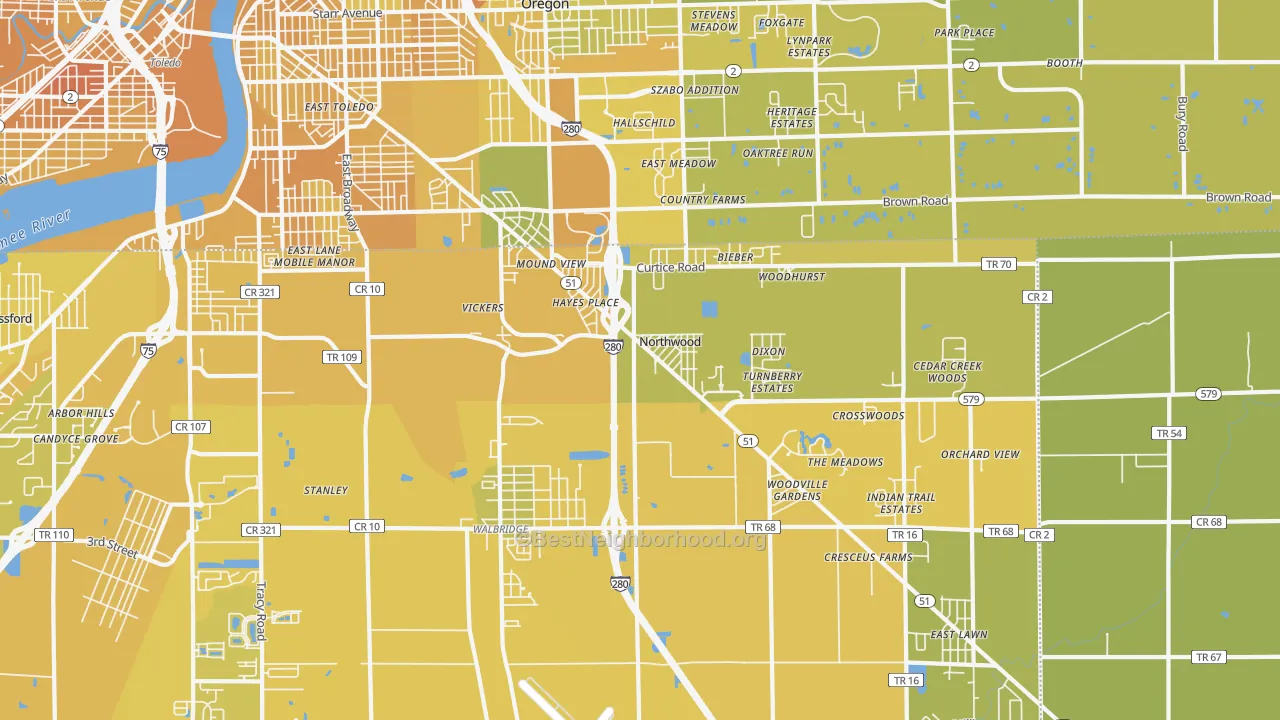 Map of the best neighborhoods in the Northwood area, with better matches in green and worse matches in red