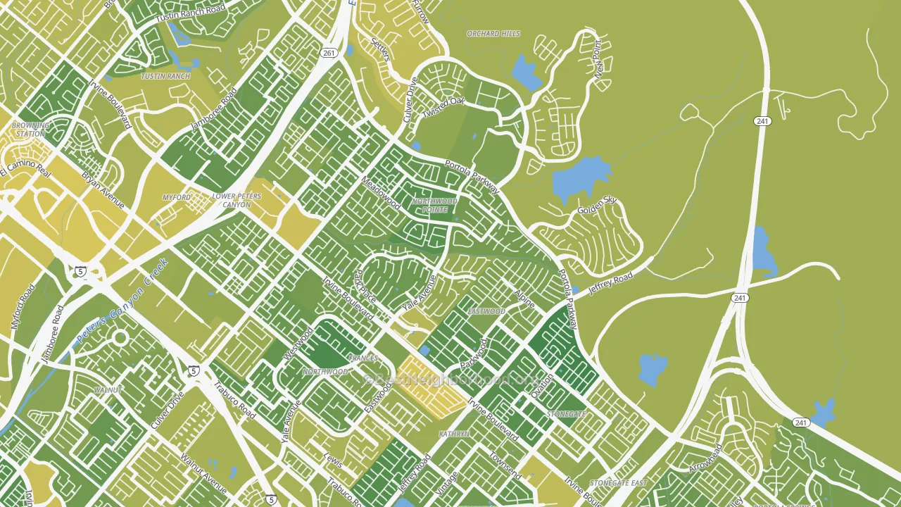 Map of the best neighborhoods in the Northwood Point, Irvine area, with better matches in green and worse matches in red