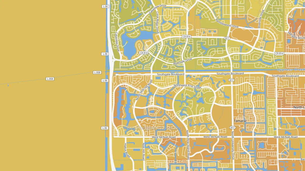 Map of the best neighborhoods in the Northwood, Tamarac area, with better matches in green and worse matches in red