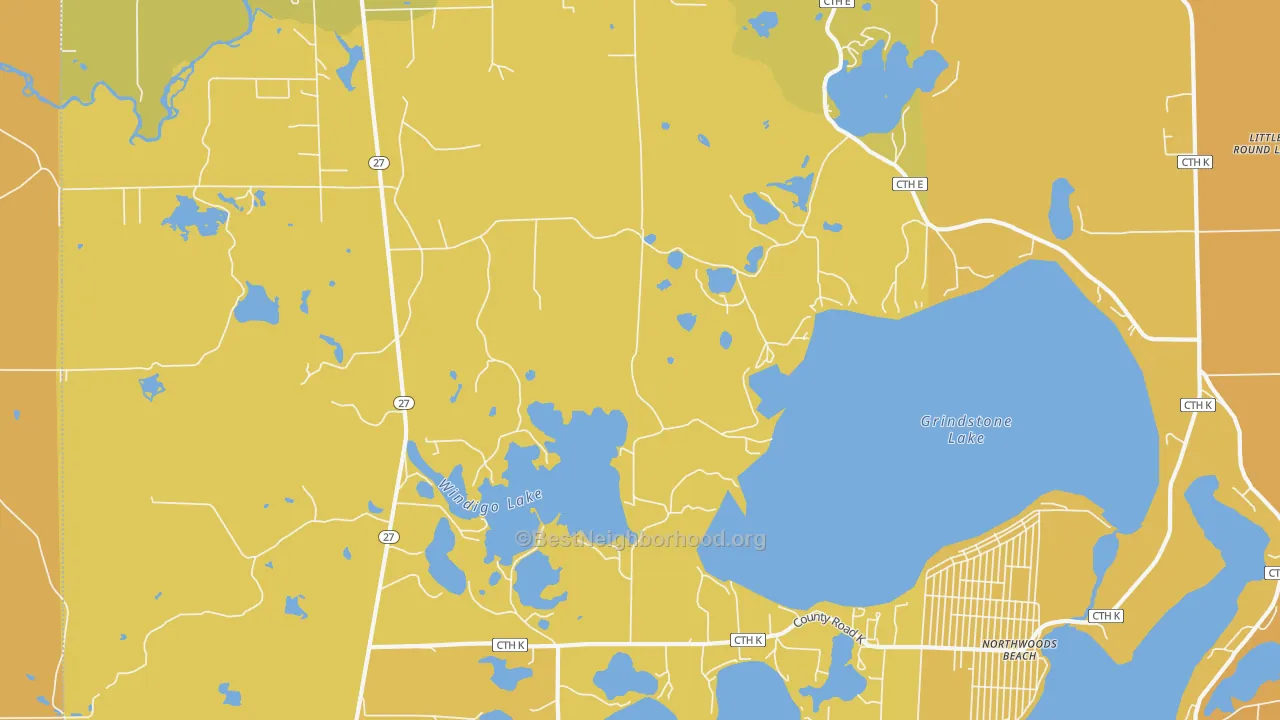 Map of the best neighborhoods in the Northwoods Beach area, with better matches in green and worse matches in red