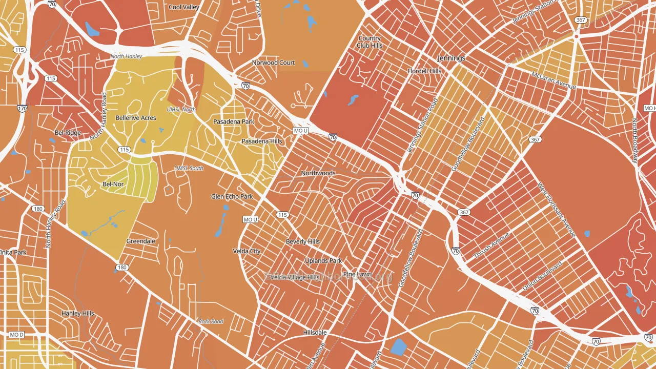 Map of the best neighborhoods in the Northwoods area, with better matches in green and worse matches in red