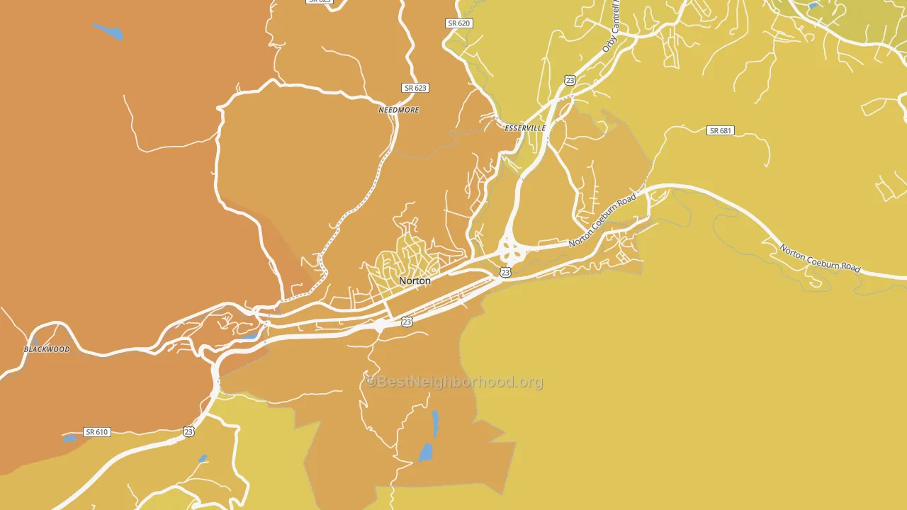 Map of the best neighborhoods in the Norton City area, with better matches in green and worse matches in red