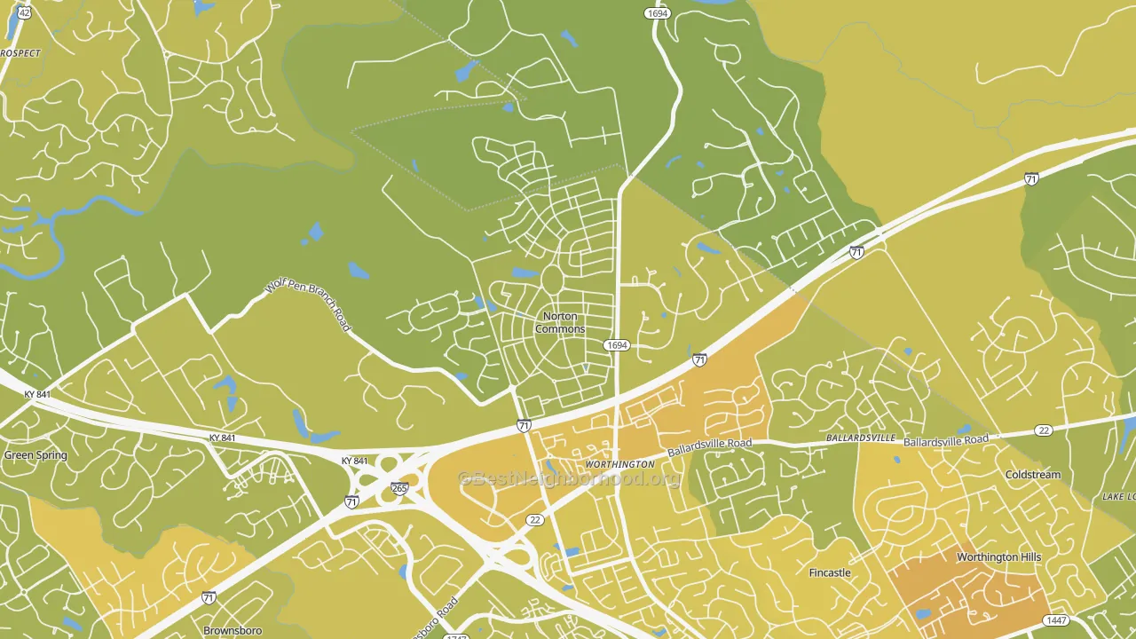 Map of the best neighborhoods in the Norton Commons, Prospect area, with better matches in green and worse matches in red