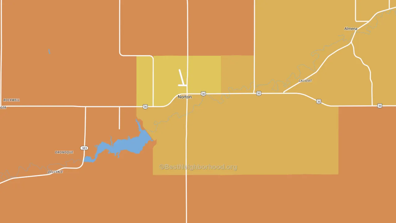 Map of the best neighborhoods in the Norton County area, with better matches in green and worse matches in red