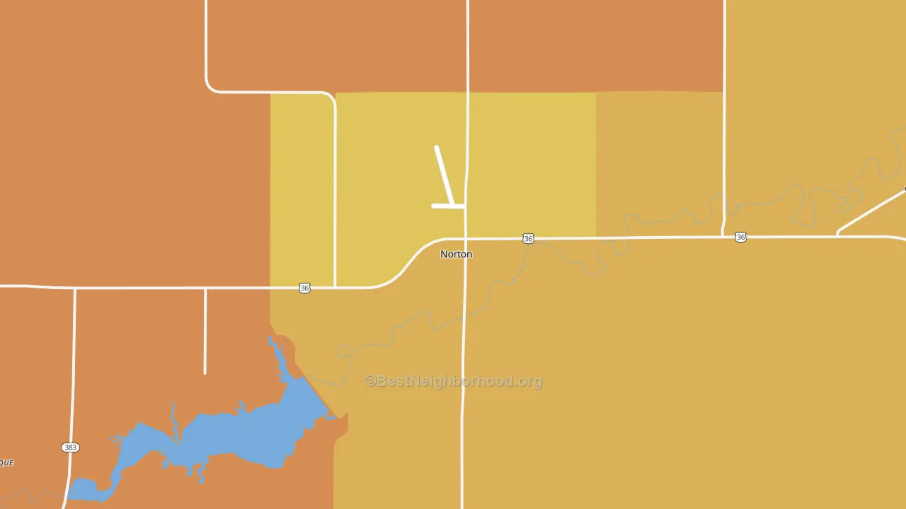 Map of the best neighborhoods in the Norton area, with better matches in green and worse matches in red