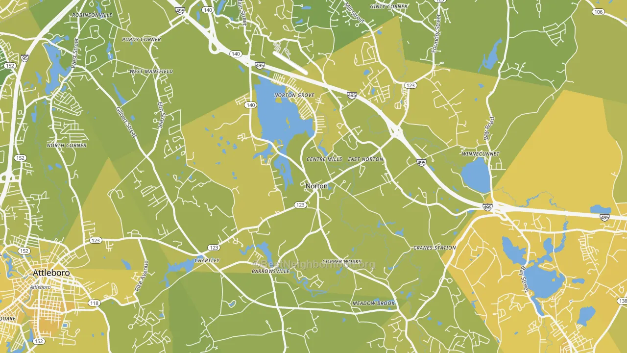 Map of the best neighborhoods in the Norton area, with better matches in green and worse matches in red