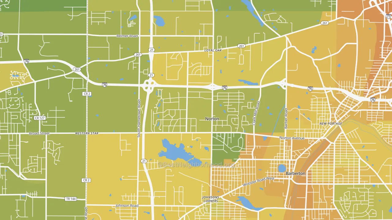 Map of the best neighborhoods in the Norton area, with better matches in green and worse matches in red