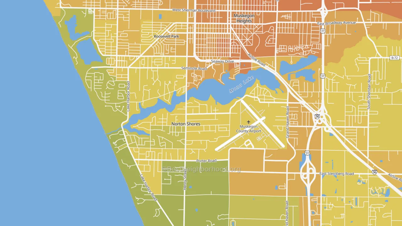 Map of the best neighborhoods in the Norton Shores area, with better matches in green and worse matches in red