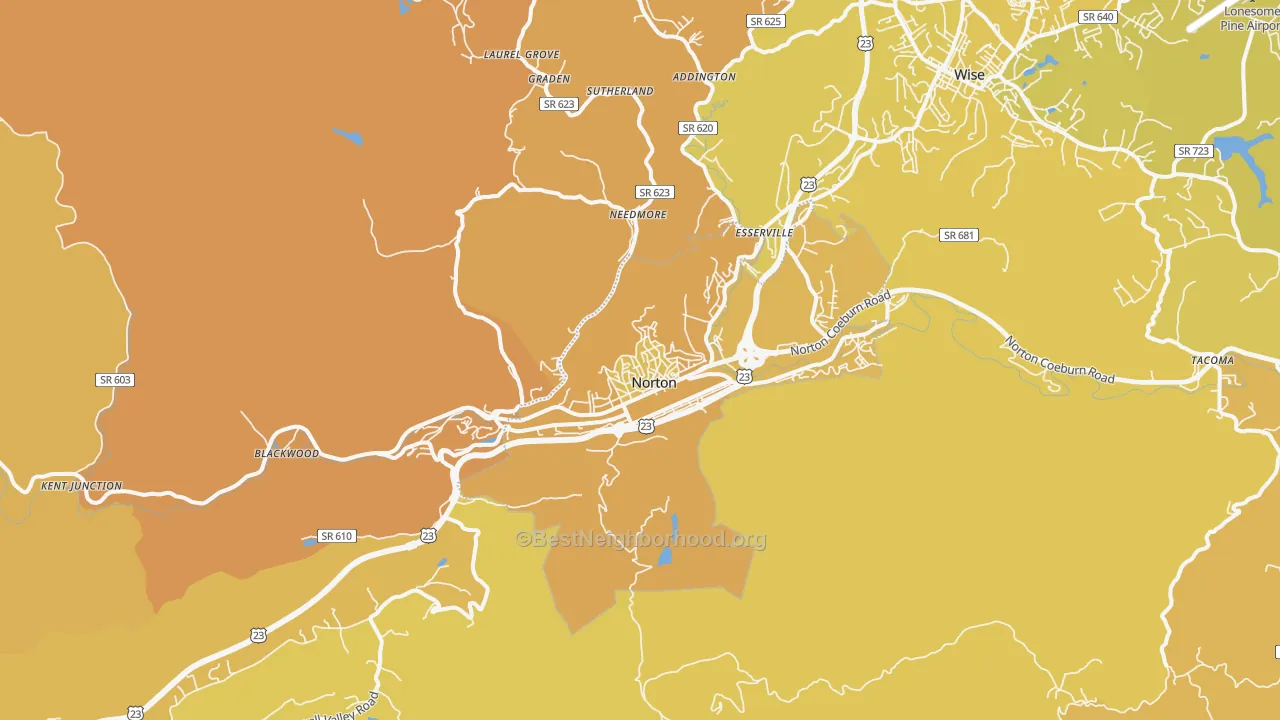 Map of the best neighborhoods in the Norton area, with better matches in green and worse matches in red