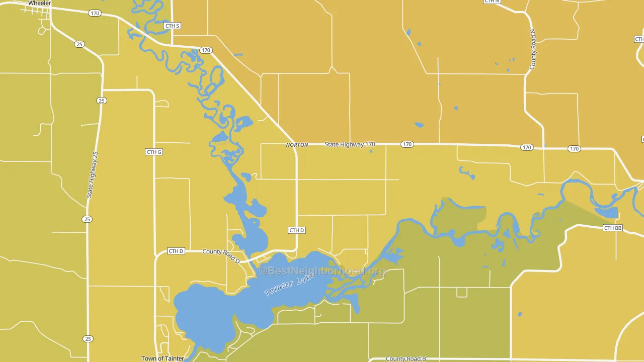 Map of the best neighborhoods in the Norton area, with better matches in green and worse matches in red