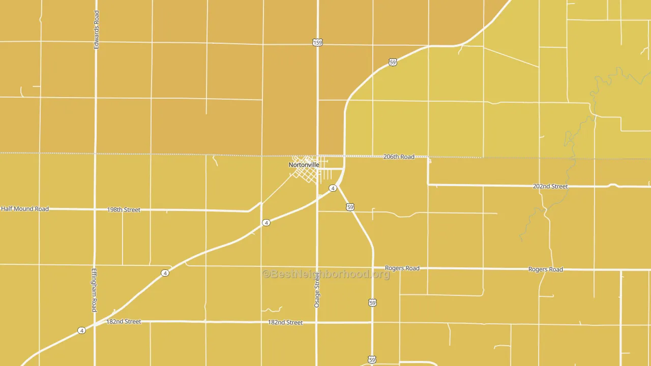 Map of the best neighborhoods in the Nortonville area, with better matches in green and worse matches in red