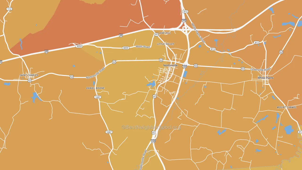 Map of the best neighborhoods in the Nortonville area, with better matches in green and worse matches in red