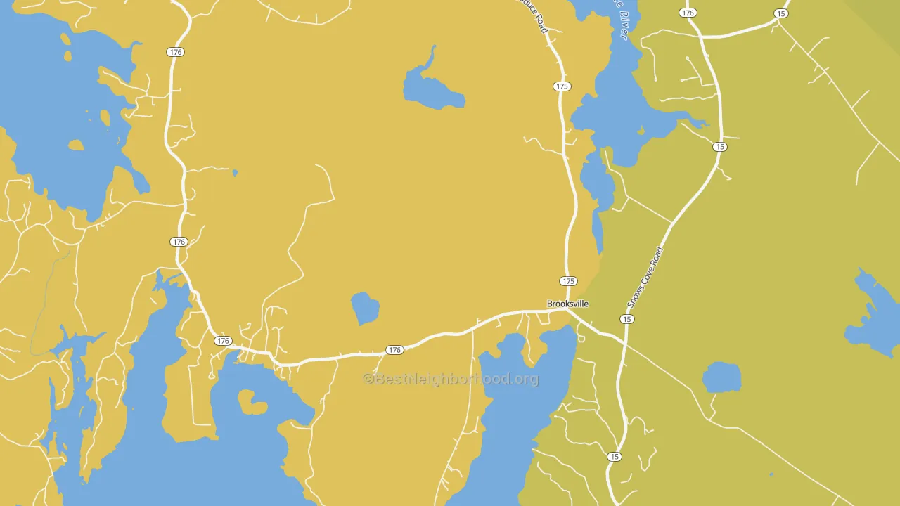 Map of the best neighborhoods in the Norumbega area, with better matches in green and worse matches in red