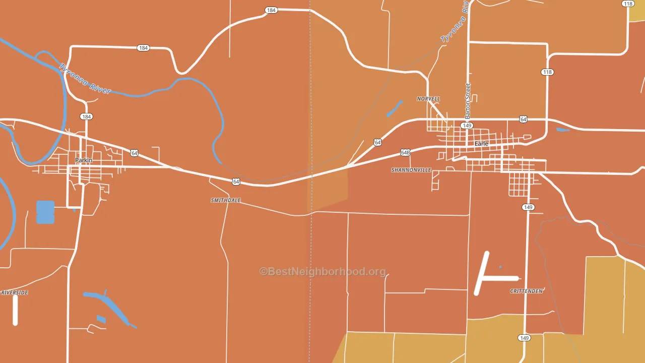 Map of the best neighborhoods in the Norvell area, with better matches in green and worse matches in red