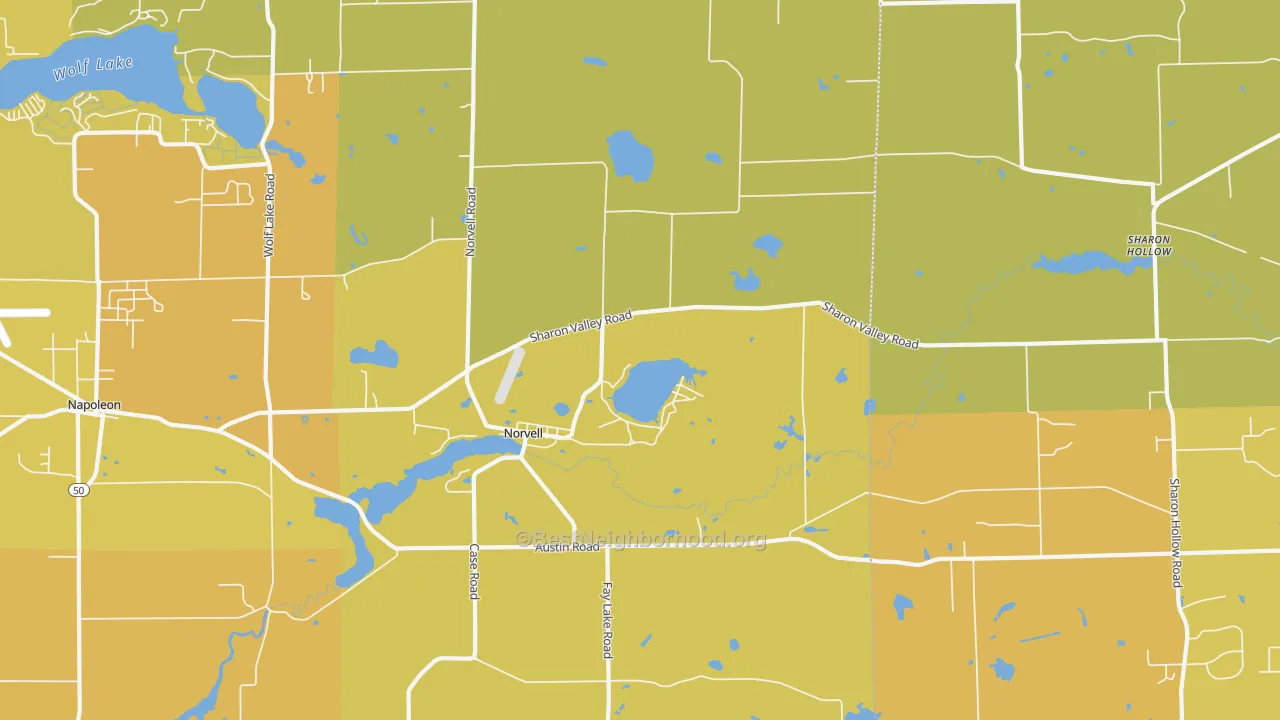 Map of the best neighborhoods in the Norvell area, with better matches in green and worse matches in red