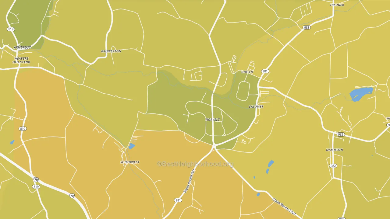 Map of the best neighborhoods in the Norvelt area, with better matches in green and worse matches in red