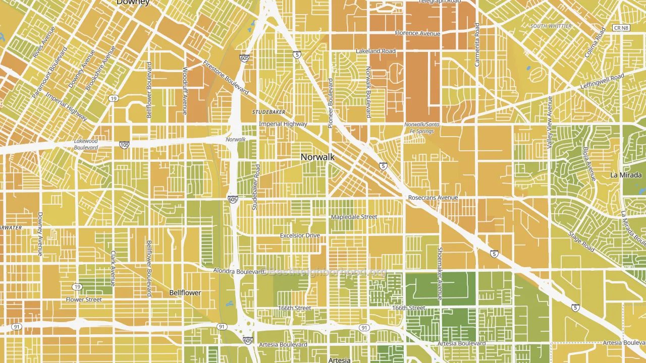 Map of the best neighborhoods in the Norwalk area, with better matches in green and worse matches in red