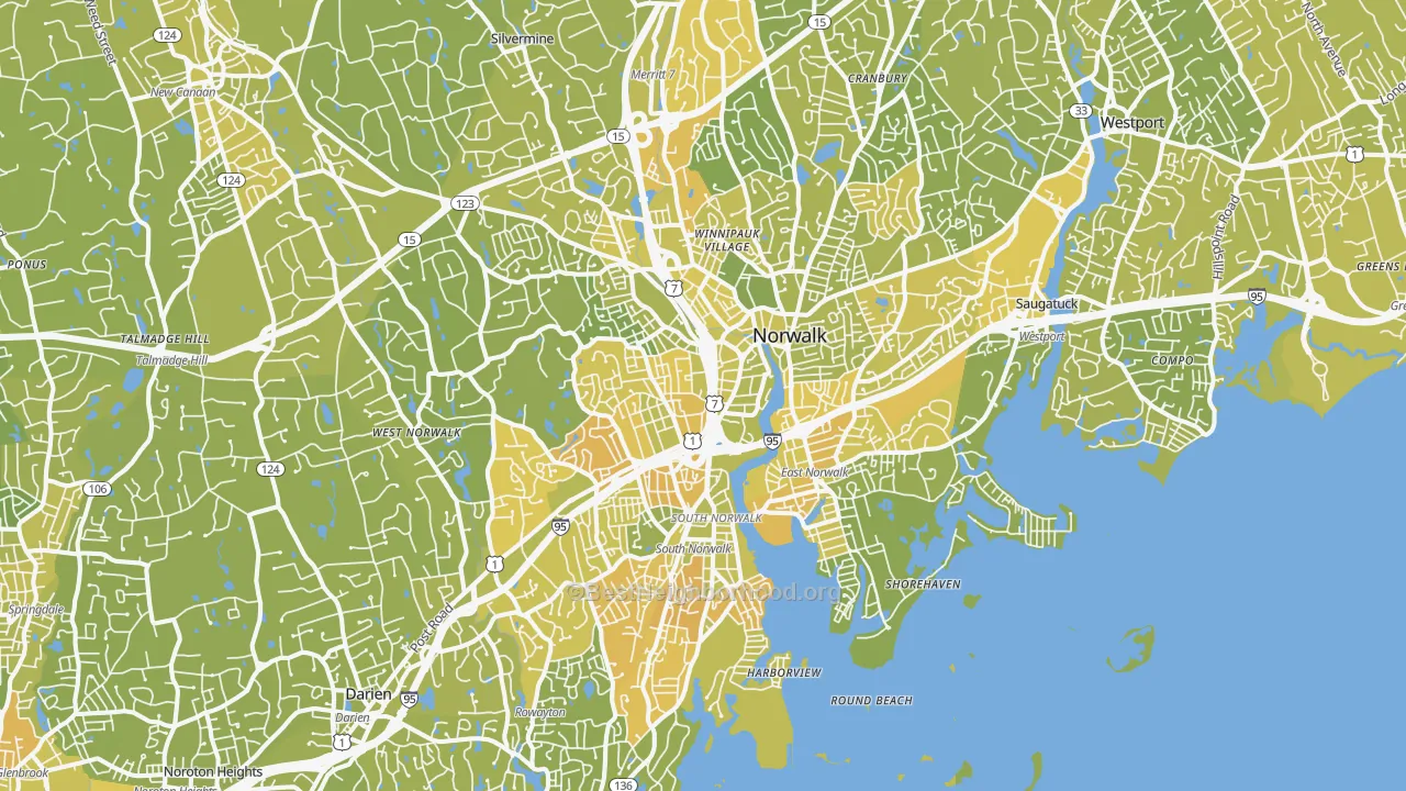 Map of the best neighborhoods in the Norwalk area, with better matches in green and worse matches in red