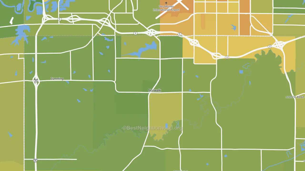 Map of the best neighborhoods in the Norwalk area, with better matches in green and worse matches in red