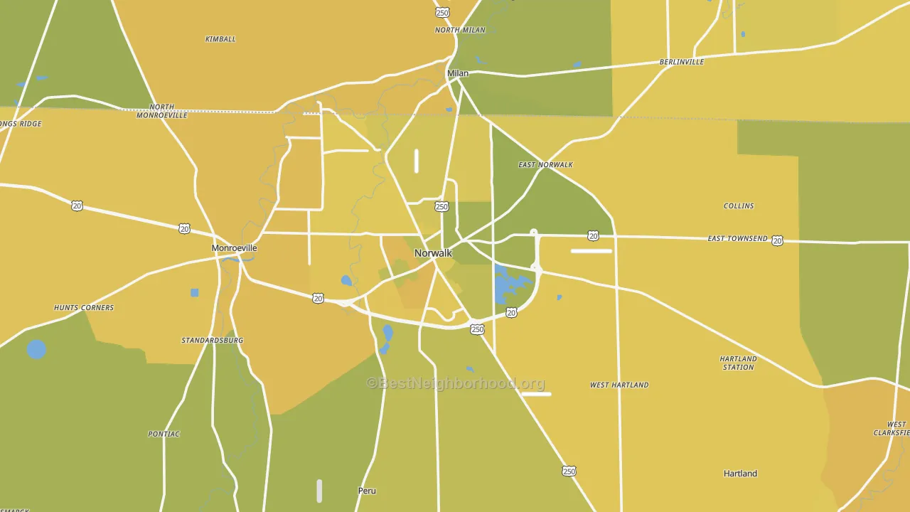 Map of the best neighborhoods in the Norwalk area, with better matches in green and worse matches in red