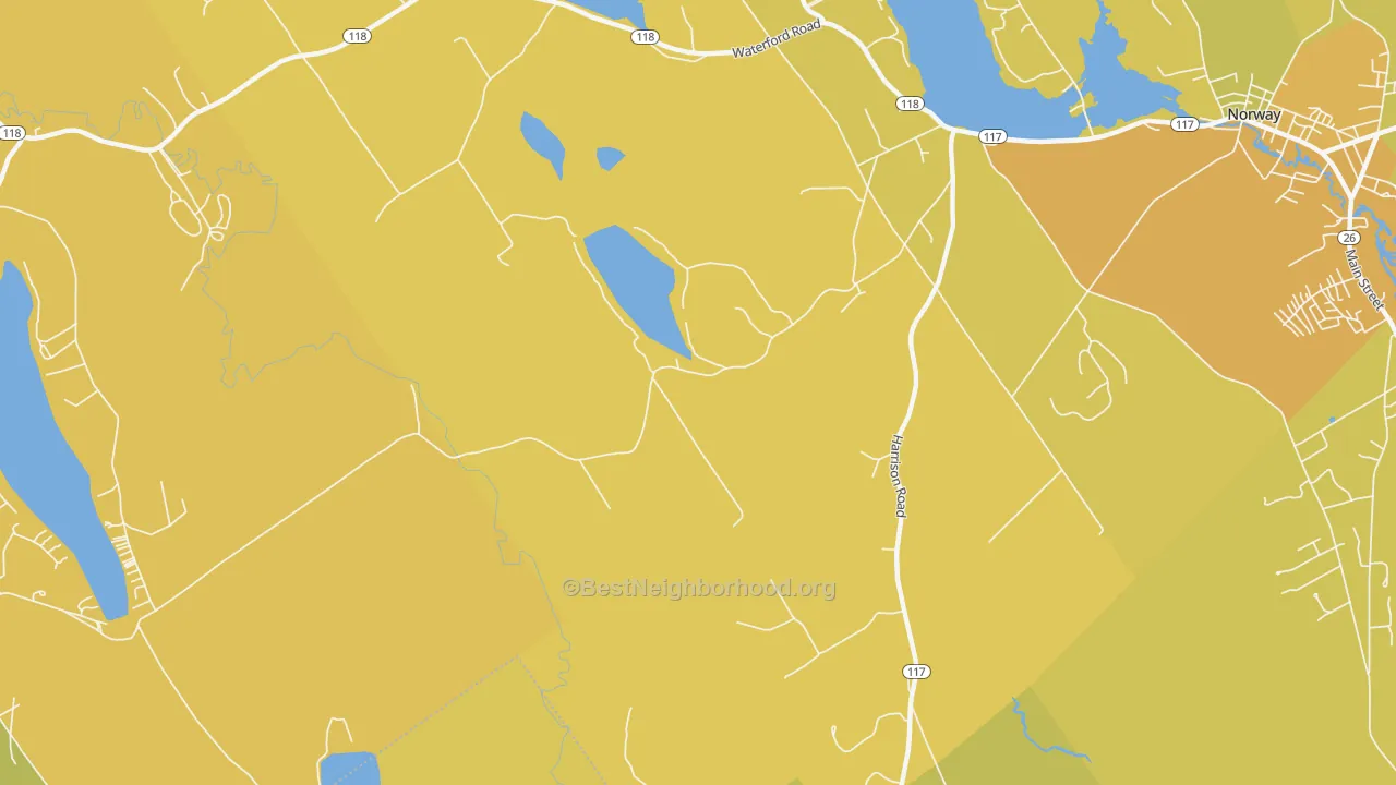 Map of the best neighborhoods in the Norway Lake area, with better matches in green and worse matches in red