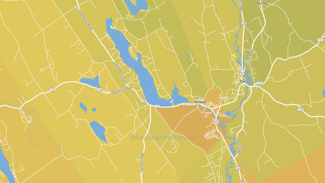 Map of the best neighborhoods in the Norway area, with better matches in green and worse matches in red