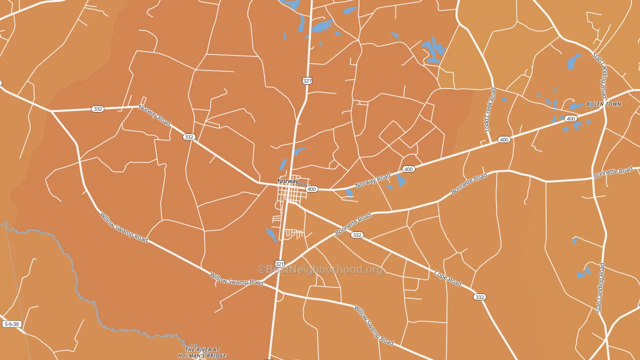 Map of the best neighborhoods in the Norway area, with better matches in green and worse matches in red