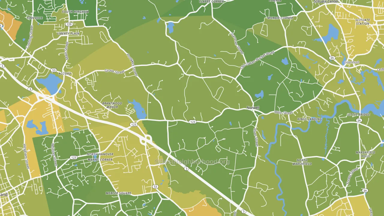 Map of the best neighborhoods in the Norwell area, with better matches in green and worse matches in red