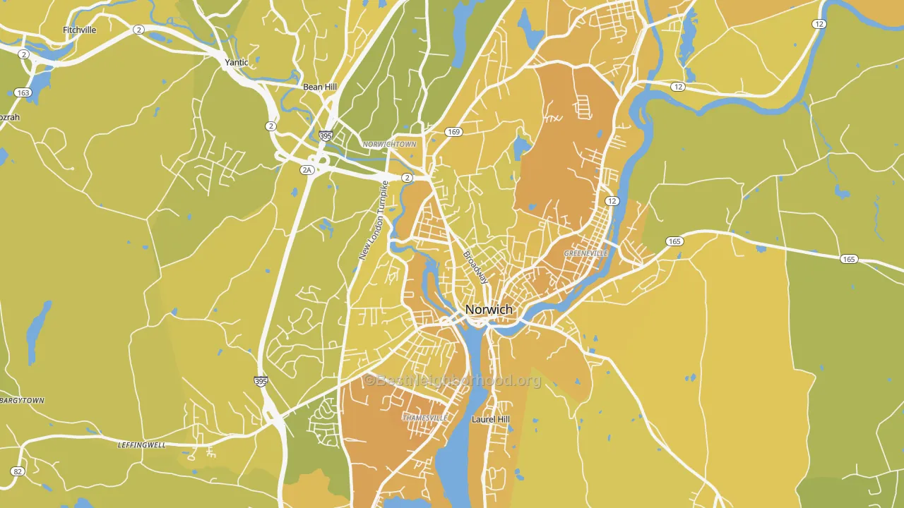 Map of the best neighborhoods in the Norwich Metro area, with better matches in green and worse matches in red