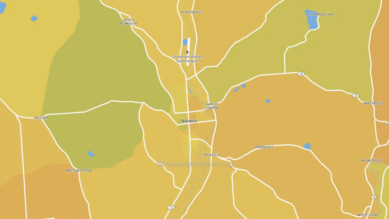 Map of the best neighborhoods in the Norwich area, with better matches in green and worse matches in red