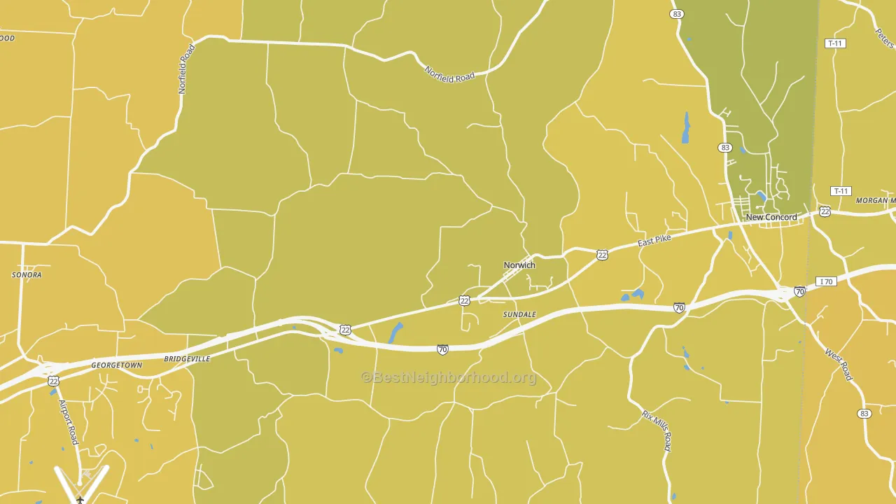 Map of the best neighborhoods in the Norwich area, with better matches in green and worse matches in red