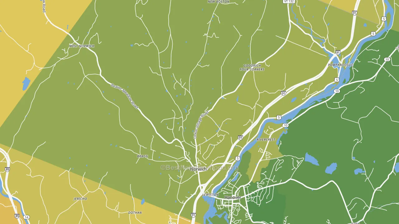 Map of the best neighborhoods in the Norwich area, with better matches in green and worse matches in red
