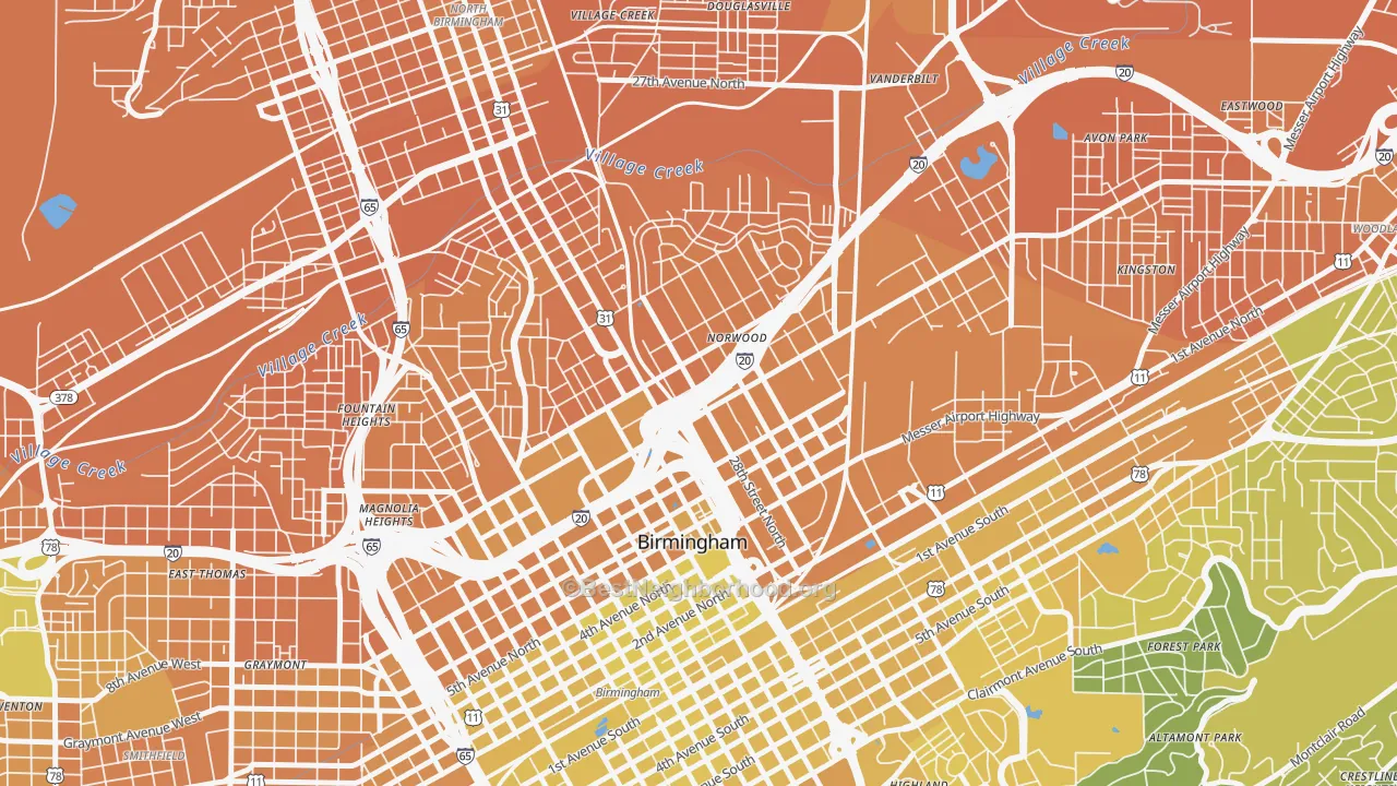 Map of the best neighborhoods in the Norwood, Birmingham area, with better matches in green and worse matches in red