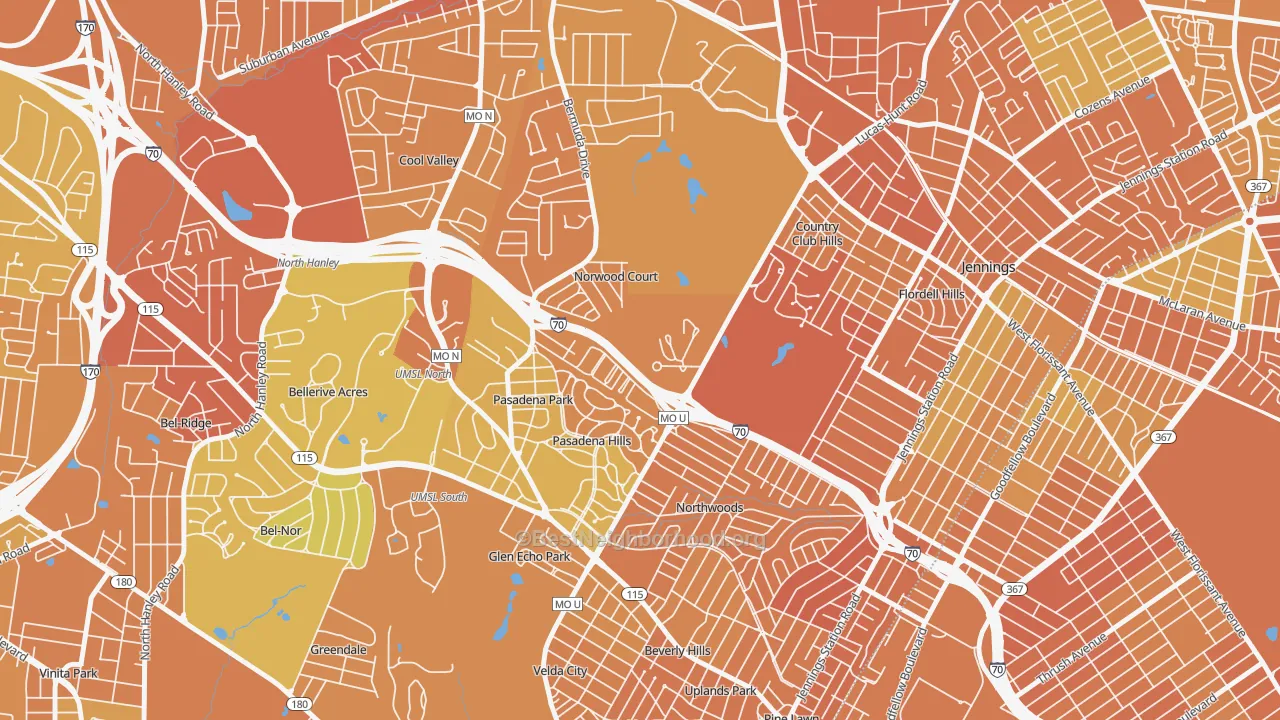 Map of the best neighborhoods in the Norwood Court area, with better matches in green and worse matches in red