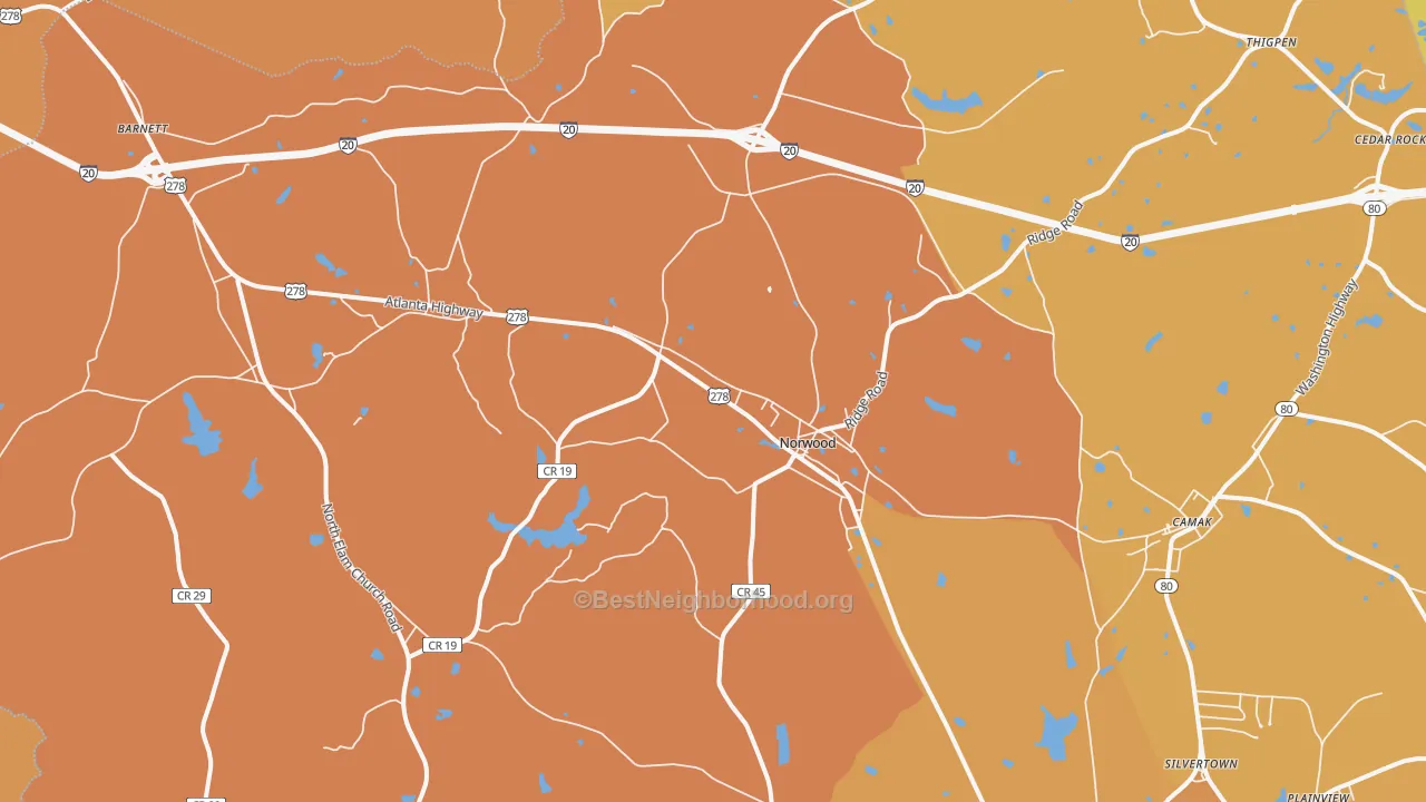 Map of the best neighborhoods in the Norwood area, with better matches in green and worse matches in red