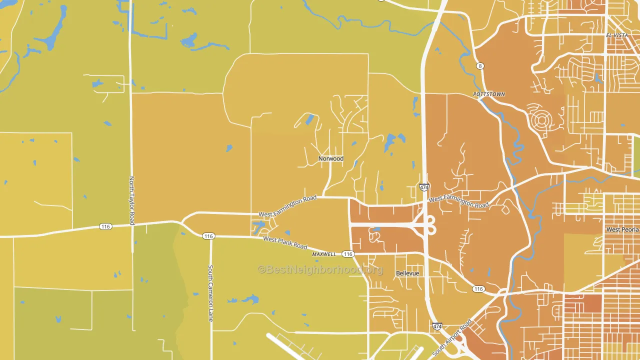 Map of the best neighborhoods in the Norwood area, with better matches in green and worse matches in red