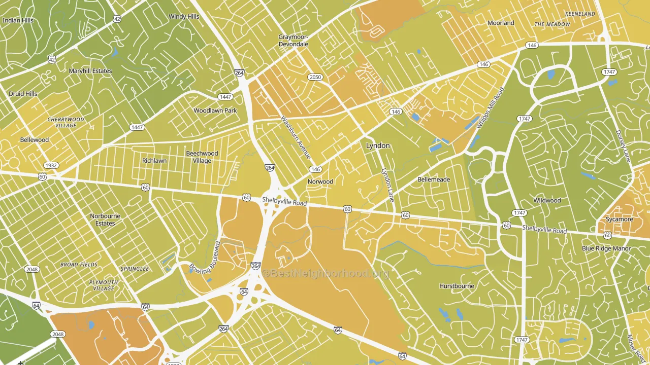 Map of the best neighborhoods in the Norwood area, with better matches in green and worse matches in red